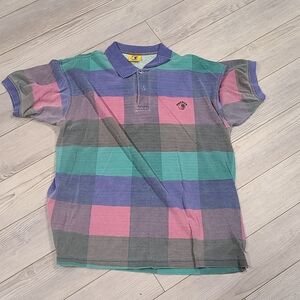 Striped Pastel Plaid Polo Shirt with Small Chest Logo Vintage Duck head